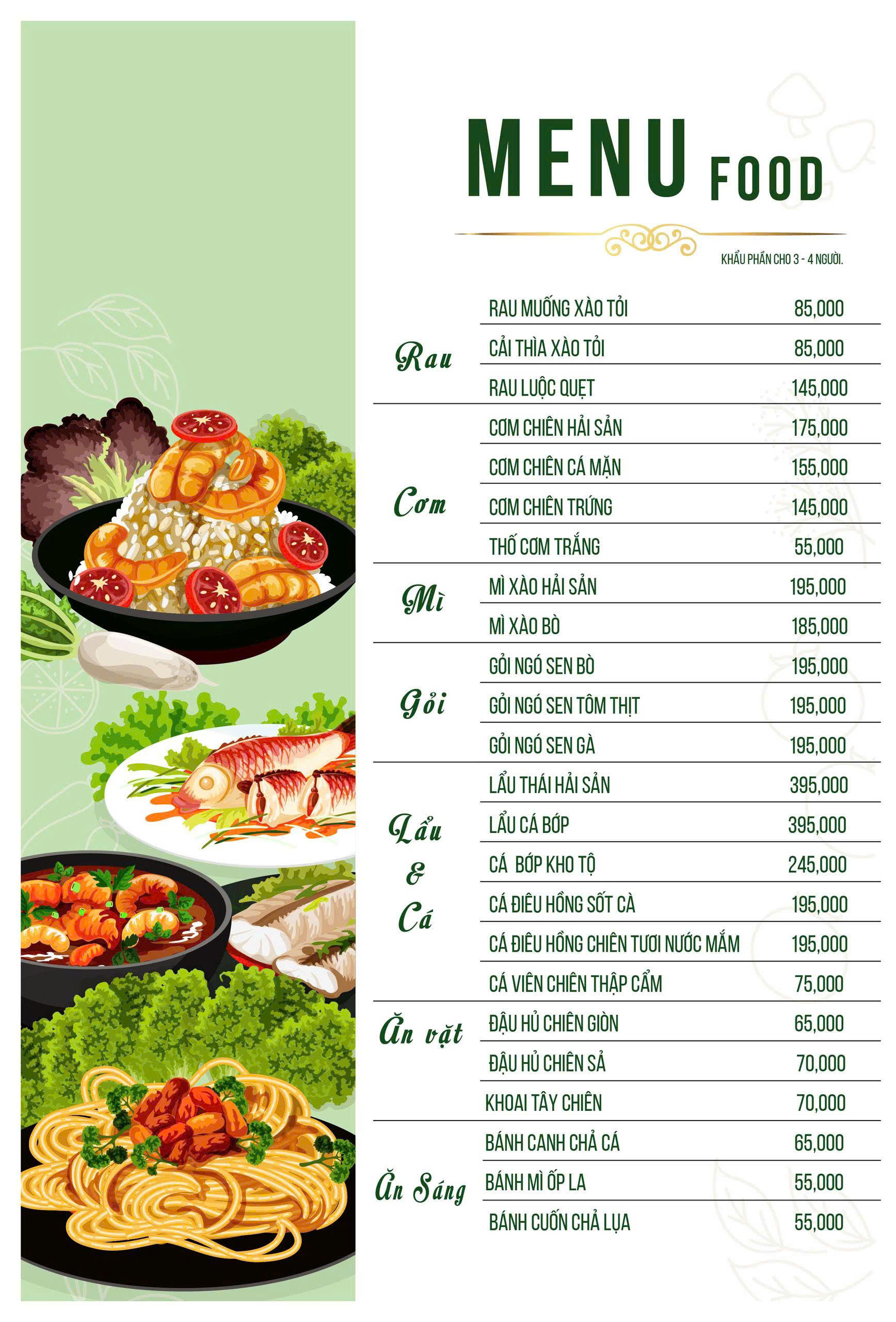 Menu món ăn phục vụ cả ngày tại Đồng Gió